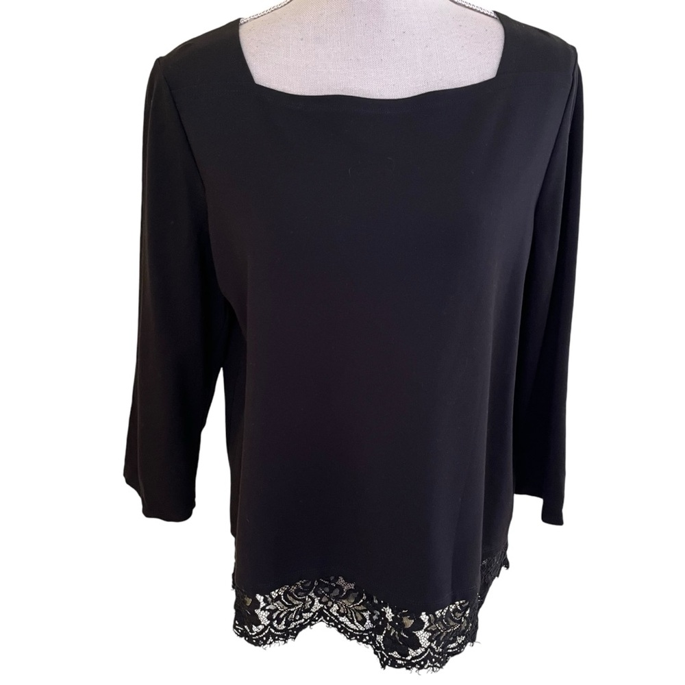 Talbots Black Ponte Knit Lace Trimmed Top L